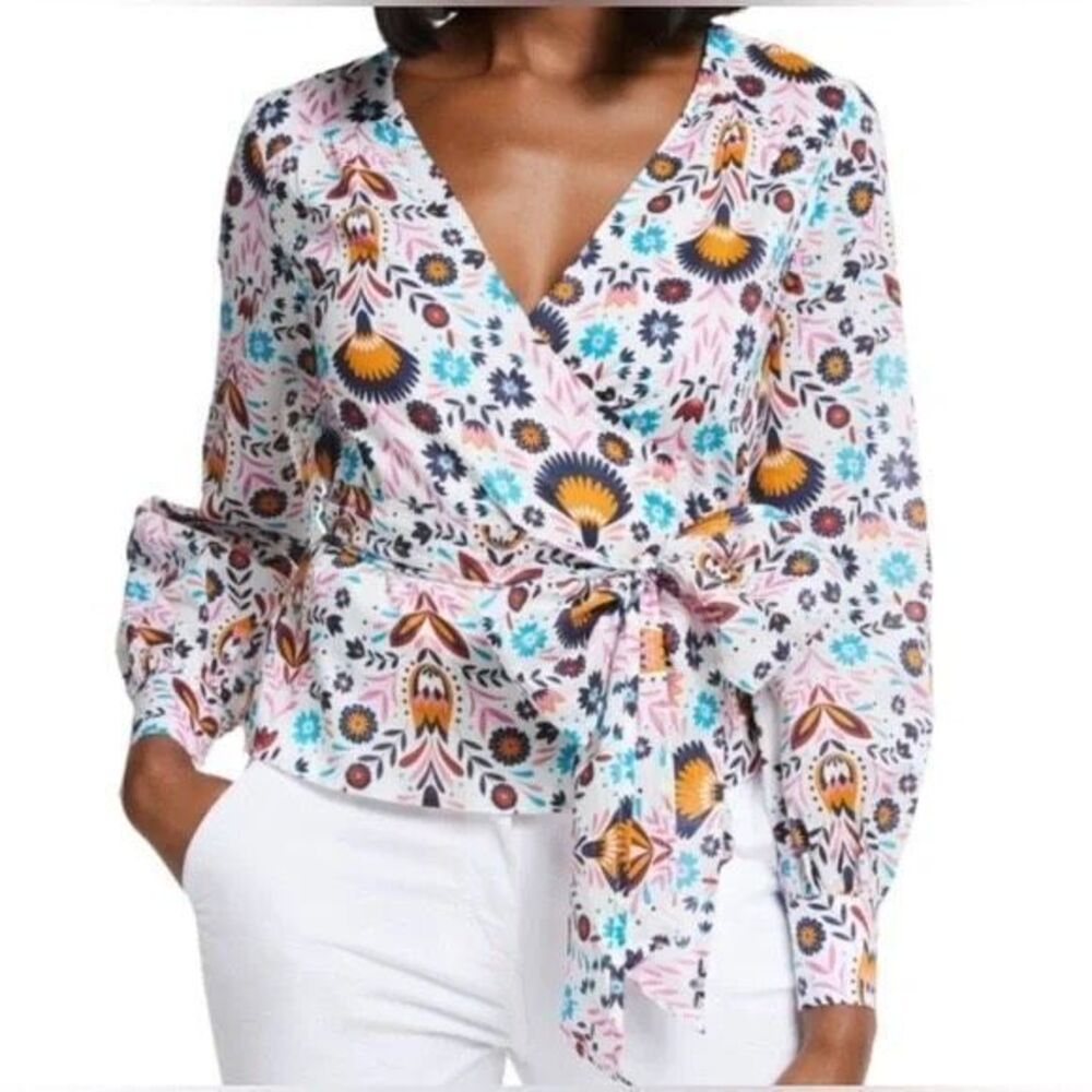 Boden Rosamund Paisley Floral Cotton Wrap V-Neck Blouse Top White Blue Long 8 R